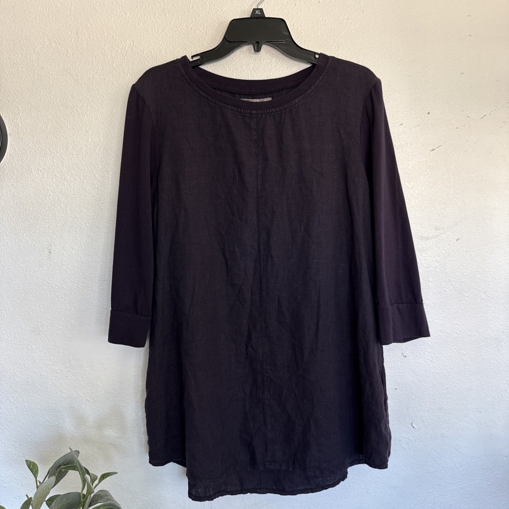 FLAX Women Linen Tunic Top 3/4 Sleeve Side Pockets Dark‎ Purple Size S